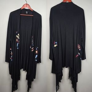 M.I.B Open Front Duster Cardigan Floral Embroidery Fringe Black Women Plus Sz 2X